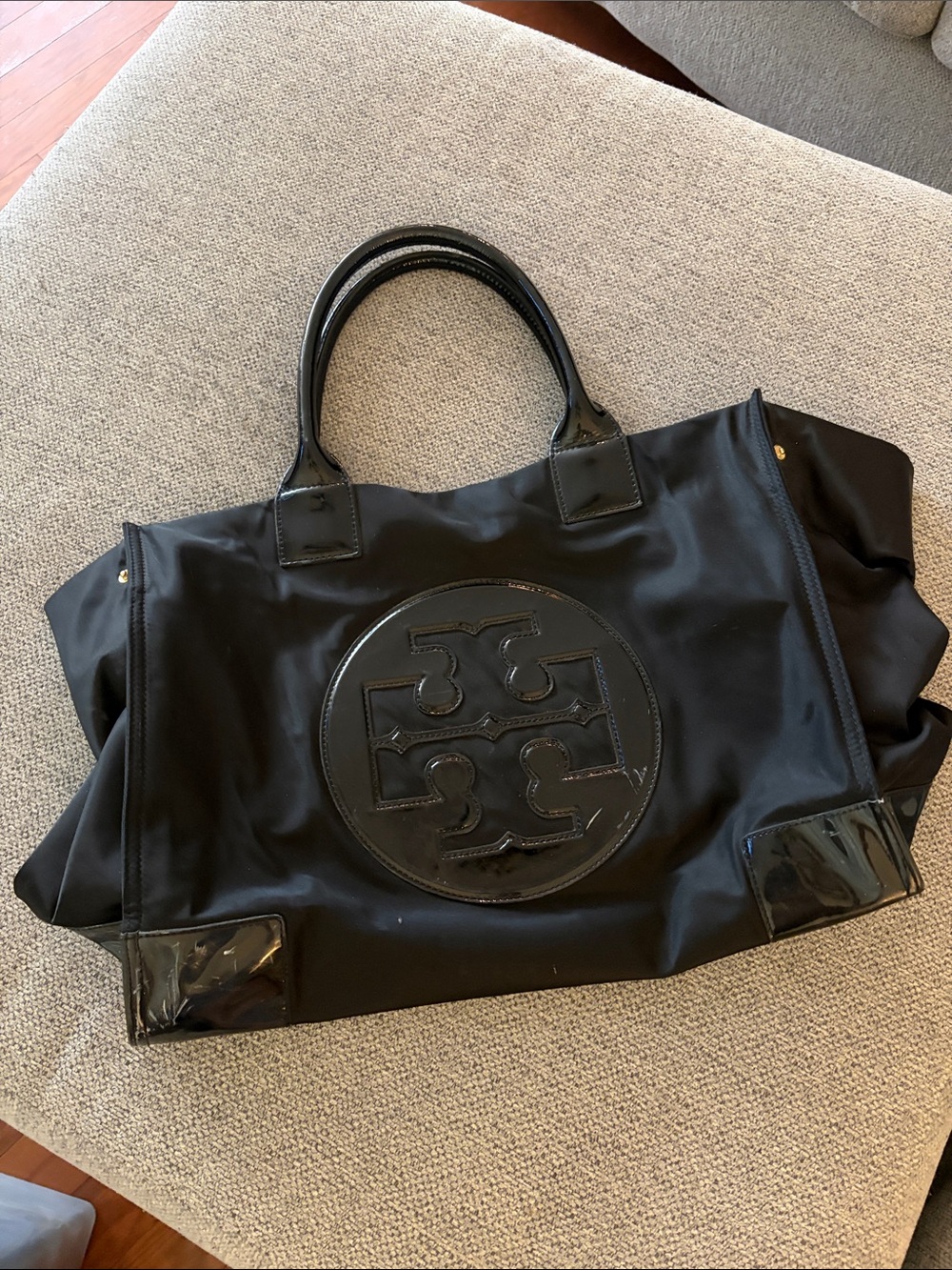 Tory Burch Black Nylon Logo Tote with Patent Trim